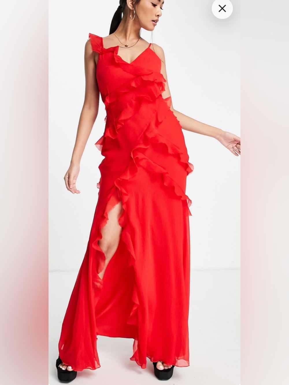 Red Ruffle-Trim Maxi Dress - Women's Elegant Evening Gown